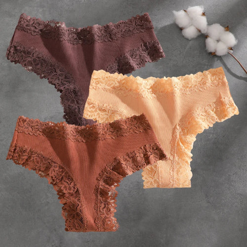 3Pcs Cotton Lace Patchwork Bikini Panties Women Seamless Floral Print