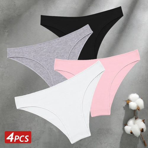4PCS Seamless Cotton Panties Women Solid Color Briefs Sexy Low Waist