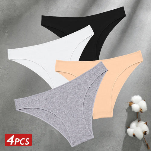 4PCS Seamless Cotton Panties Women Solid Color Briefs Sexy Low Waist
