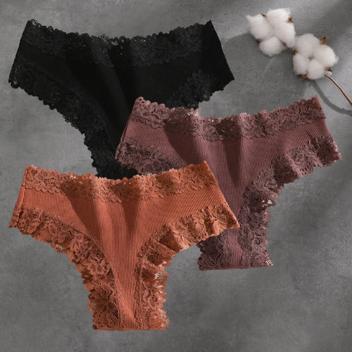 3Pcs Cotton Lace Patchwork Bikini Panties Women Seamless Floral Print