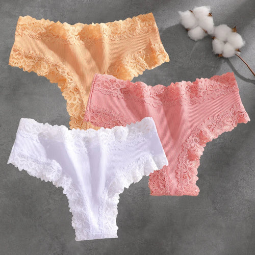 3Pcs Cotton Lace Patchwork Bikini Panties Women Seamless Floral Print