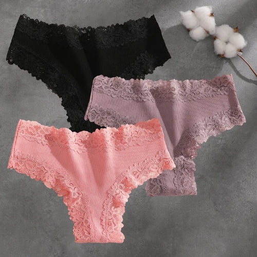 3Pcs Cotton Lace Patchwork Bikini Panties Women Seamless Floral Print