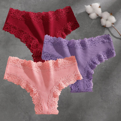 3Pcs Cotton Lace Patchwork Bikini Panties Women Seamless Floral Print
