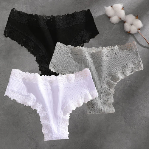 3Pcs Cotton Lace Patchwork Bikini Panties Women Seamless Floral Print