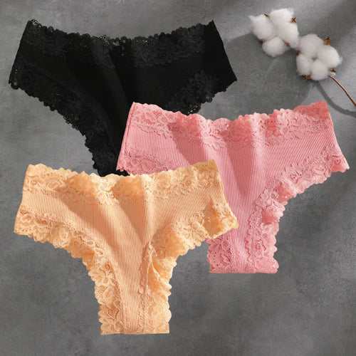 3Pcs Cotton Lace Patchwork Bikini Panties Women Seamless Floral Print
