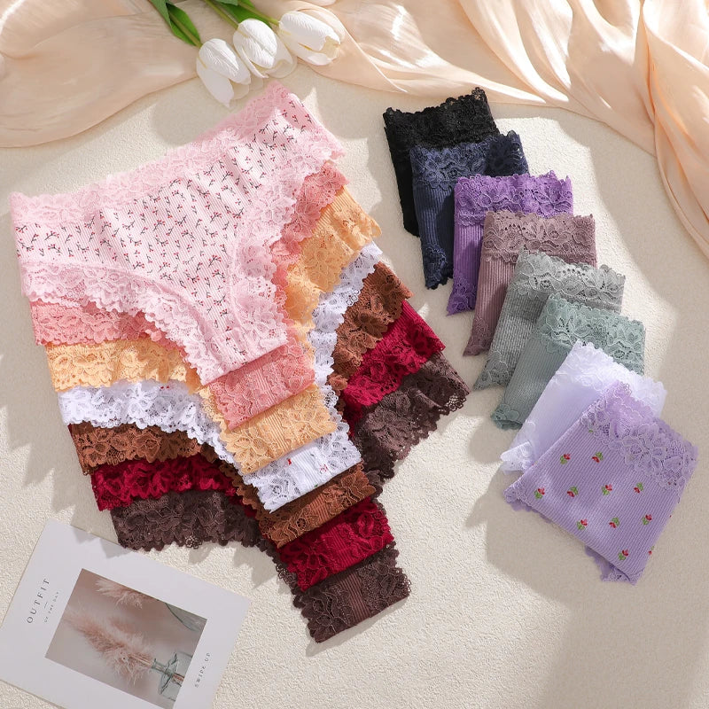 3Pcs Cotton Lace Patchwork Bikini Panties Women Seamless Floral Print