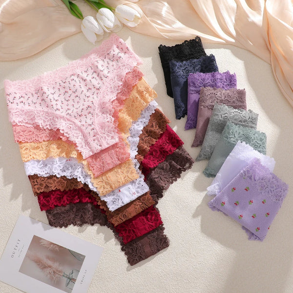 3Pcs Cotton Lace Patchwork Bikini Panties Women Seamless Floral Print