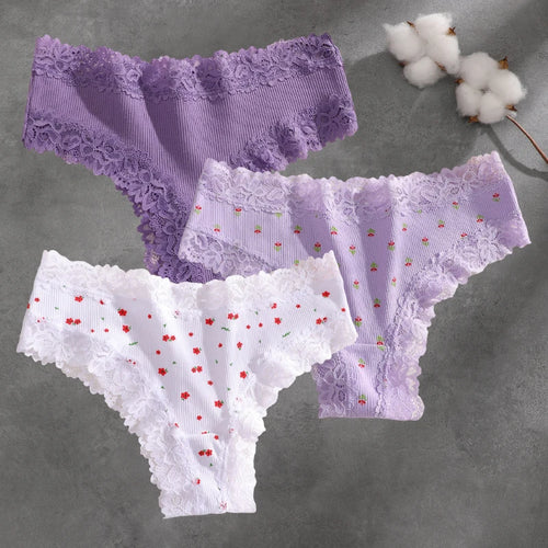 3Pcs Cotton Lace Patchwork Bikini Panties Women Seamless Floral Print