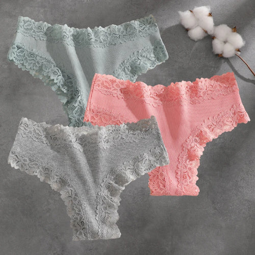 3Pcs Cotton Lace Patchwork Bikini Panties Women Seamless Floral Print