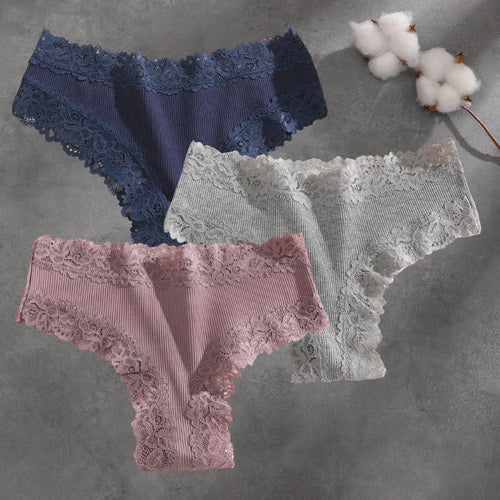 3Pcs Cotton Lace Patchwork Bikini Panties Women Seamless Floral Print