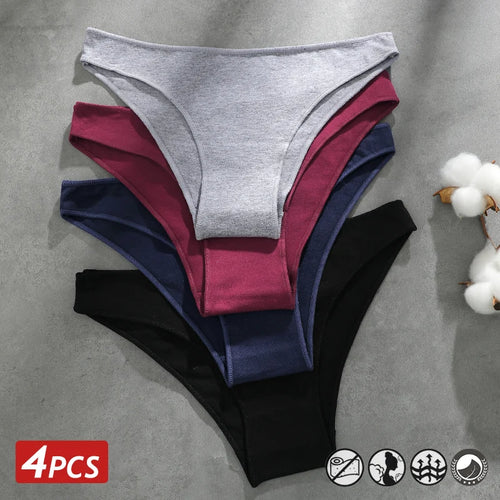 4PCS Seamless Cotton Panties Women Solid Color Briefs Sexy Low Waist