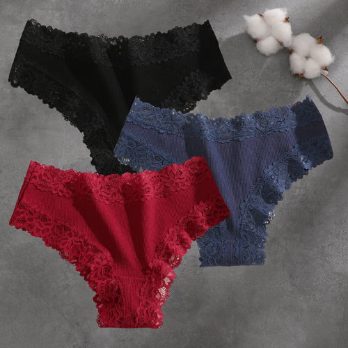3Pcs Cotton Lace Patchwork Bikini Panties Women Seamless Floral Print