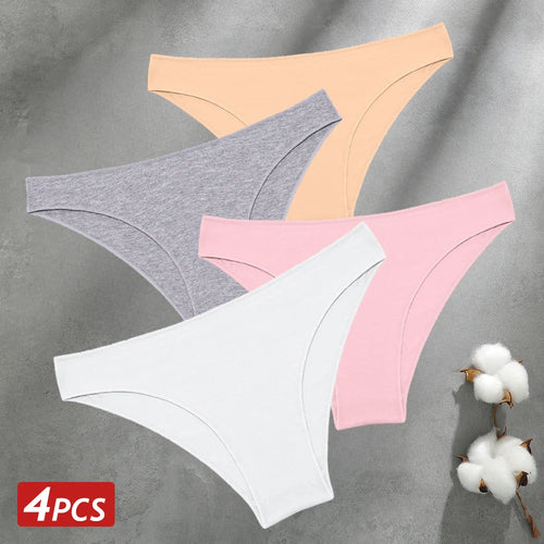 4PCS Seamless Cotton Panties Women Solid Color Briefs Sexy Low Waist