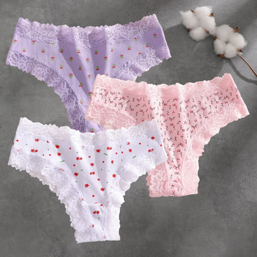 3Pcs Cotton Lace Patchwork Bikini Panties Women Seamless Floral Print