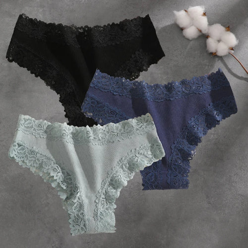 3Pcs Cotton Lace Patchwork Bikini Panties Women Seamless Floral Print
