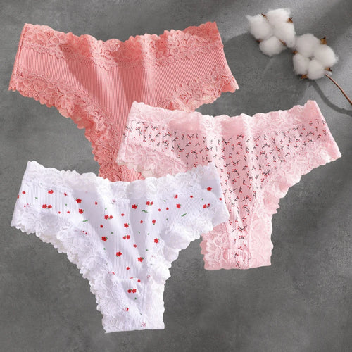 3Pcs Cotton Lace Patchwork Bikini Panties Women Seamless Floral Print