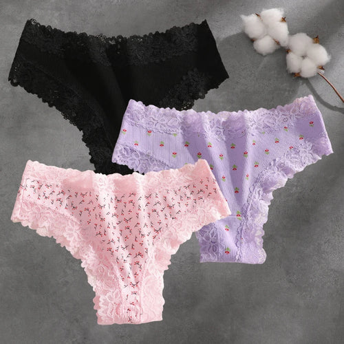 3Pcs Cotton Lace Patchwork Bikini Panties Women Seamless Floral Print
