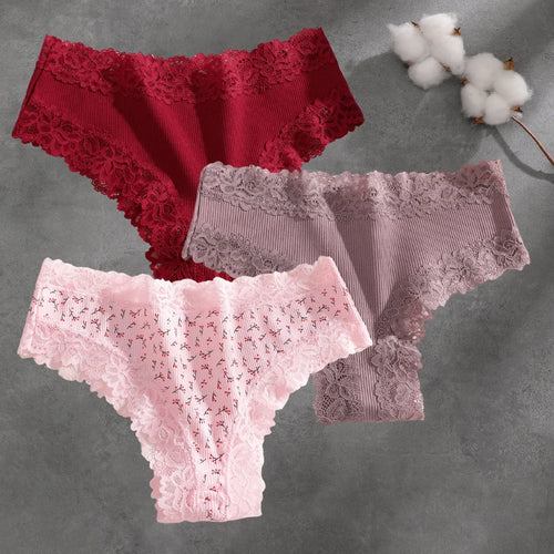 3Pcs Cotton Lace Patchwork Bikini Panties Women Seamless Floral Print