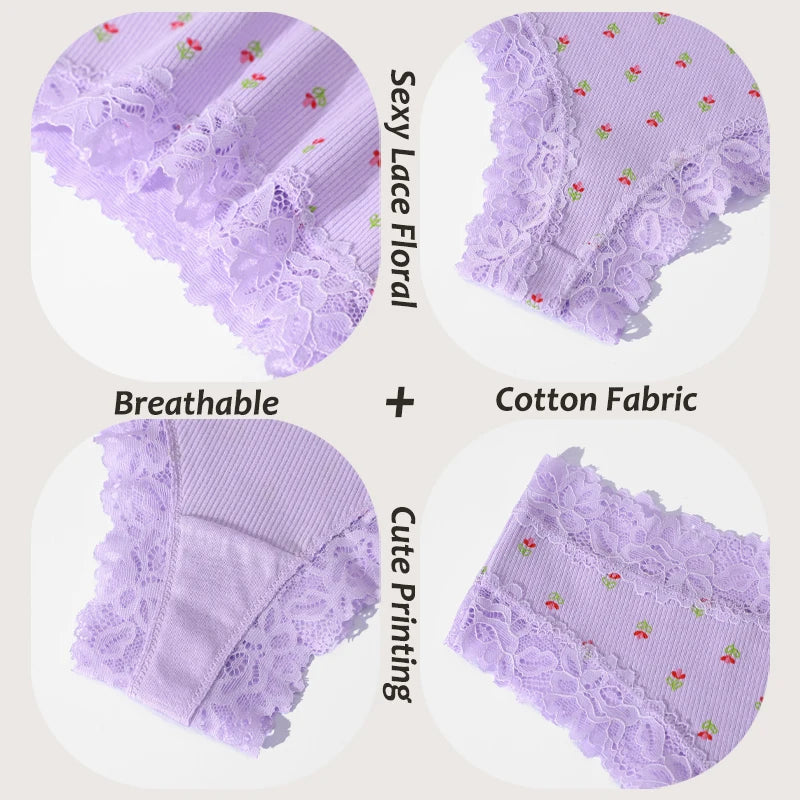 3Pcs Cotton Lace Patchwork Bikini Panties Women Seamless Floral Print