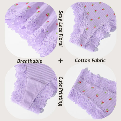 3Pcs Cotton Lace Patchwork Bikini Panties Women Seamless Floral Print